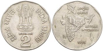 Индия 2 рупии 1995 карта KM 121.4 медно-никель 217-1012