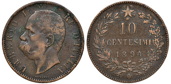 Италия 10 чентезимо 1894 B/I, Умберто I (1878-1900) KM 27.1 медь 4512-813