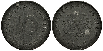 Германия 10 рейхспфеннигов 1947 F, оккупация Германии союзными войсками J. 375, KM A104 цинк 413-3234