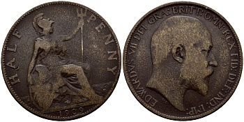 Великобритания 1/2 пенни 1909 Эдуард VII (1901-1910) KM 793.2, Spink 3991 бронза 58-1257