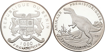 Бенин 1000 франков 1994 тиранозавр KM 9 серебро PROOF 00-00
