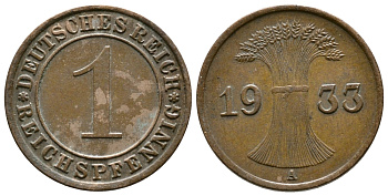 ГЕРМАНИЯ 1 РЕЙХСПФЕННИГ 1933 A KM 37, J. 313 бронза 4380-1241