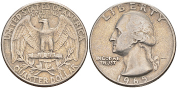 США 25 центов (квотер) 1965 Вашингтон KM 164a медь плакированная медно-никелем 08-547