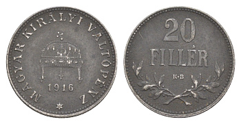 Венгрия 20 филлеров 1916 KB, Карл I (1916-1918) KM 498 железо 4627-1162
