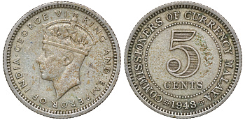 Британская Малайя 5 центов 1943 Георг VI (1937-1952) KM 3a серебро 53-127