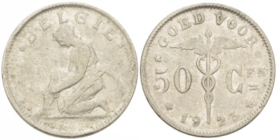 БЕЛЬГИЯ 50 САНТИМОВ 1923 BELGIE KM 88 никель 261-1651