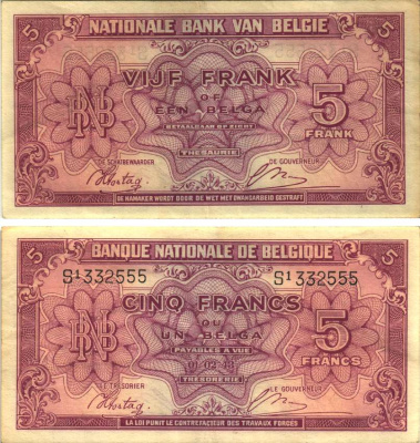 БЕЛЬГИЯ 5 ФРАНКОВ 1944 1 ФЕВРАЛЯ 1943, КОРОЛЬ В ИЗГНАНИИ Pick 121 бумага VF 7552-30-1-1