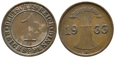 ГЕРМАНИЯ 1 РЕЙХСПФЕННИГ 1933 A KM 37, J. 313 бронза 4380-1241