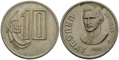Уругвай 10 песо 1981 Хосе Хервасио Артигас KM  79, Schoen  55 медно-никель 4111-815