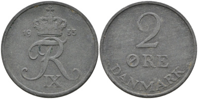 Дания 2 эре 1953 Фредерик IX (1947-1972) KM 840 цинк 4591-944