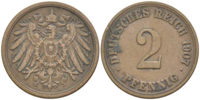 ГЕРМАНИЯ 2 ПФЕННИГА 1907 A KM 16, J. 11, Weege 4 медь 212-334