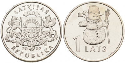 Латвия 1 лат 2007 снеговик KM 85 медно-никель UNC M14-12