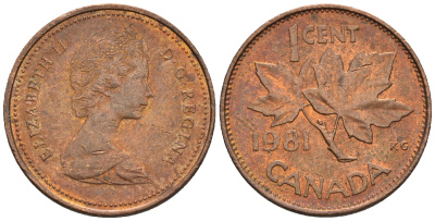 Канада 1 цент 1981 Елизавета II (1952-2022), кленовый лист KM 127 бронза 4609-156