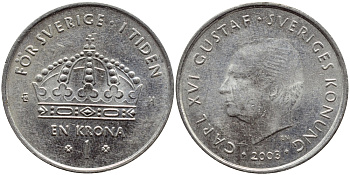 Швеция 1 крона 2003 Карл XVI Густав (1973- ) KM 894 медно-никель 4179-651