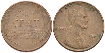 США 1 ЦЕНТ 1952 D, ЛИНКОЛЬН KM А132 медь цинк 3309-569