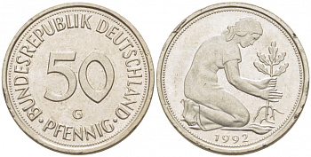 ФРГ 50 ПФЕННИГОВ 1992 G KM 109.2 медно-никель 39-222