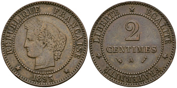Франция 2 сантима 1895 A, Третья республика (1871-1940) KM 815.1, Le Franc 135.34 бронза 4124-148