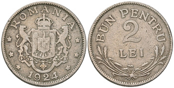 Румыния 2 лея 1924 Фердинанд I (1914-1927) KM 47 медно-никель 4586-814