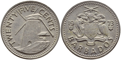 Барбадос 25 центов 1973 ветряная мельница Моргана Льюиса KM 13 медно-никель 4398-325