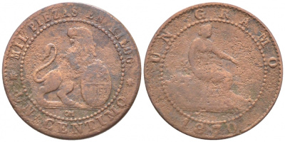 ИСПАНИЯ 1 СЕНТИМО 1870 ОМ, ЛЕВ СО ЩИТОМ KM 660 медь 112-459