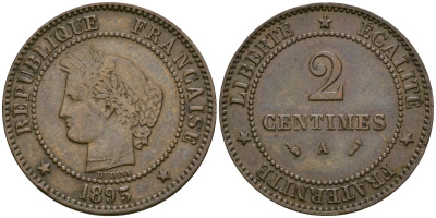 Франция 2 сантима 1895 A, Третья республика (1871-1940) KM 815.1, Le Franc 135.34 бронза 4124-148