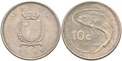 Мальта 10 центов 1998 золотая макрель KM 96 медно-никель 4588-251