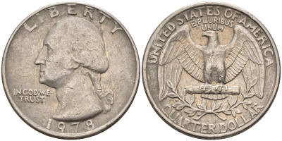 США 25 центов (квотер) 1978 Вашингтон KM A164a медь плакированная медно-никелем 4584-1113