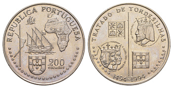 Португалия 200 эскудо 1994 500 лет с момента заключения Тордесильясского договора KM 671 медно-никель UNC 1101-4-52