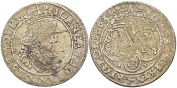 Польша 6 грошей (шостак) 1663 A-T, Ян II Казимир (1648-1668), вес 2,75 гр., легенда (IOAN CAS) KM 91, Kopinski 136.5b серебро 1517-941