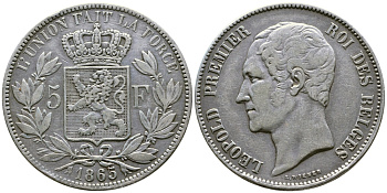 Бельгия 5 франков 1865 Леопольд I (1831-1865) KM 17 серебро 00-1067-6-12