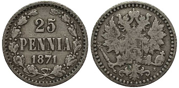 РОССИЯ ДЛЯ ФИНЛЯНДИИ 25 ПЕННИ 1871 S, АЛЕКСАНДР II Биткин 646 R серебро 1515-213