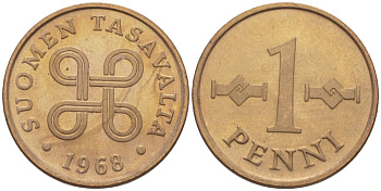 Финляндия 1 пенни 1968 KM 44 медь 100-153