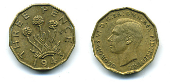 Великобритания 3 пенса 1943 Георг VI (1936-1952) KM 849, Spink 4112 никель латунь 4383-254