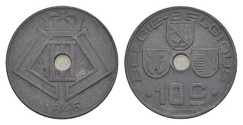 Бельгия 10 сантимов 1946 Belgie - Belgique, Леопольд III (1934-1947), германская оккупация, Вторая мировая война KM 126 цинк 4639-154