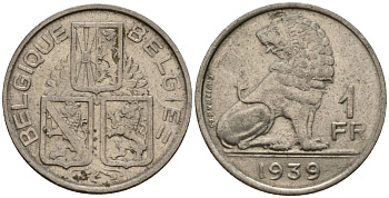 Бельгия 1 франк 1939 Belgique - Belgie KM 119 никель 4603-1236