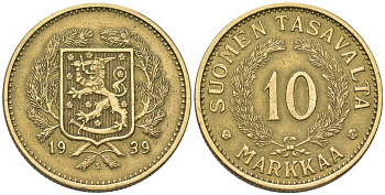 Финляндия 10 марок 1939 S, редкий год 133.000 KM 32A алюминиевая бронза 4586-645