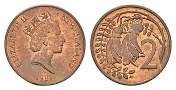 Новая Зеландия 2 цента 1987 Елизавета II (1952-2022), два цветка кохаи KM 59 бронза 4657-631