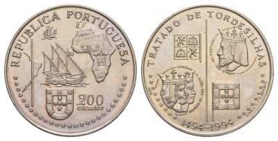 Португалия 200 эскудо 1994 500 лет с момента заключения Тордесильясского договора KM 671 медно-никель UNC 1101-4-52