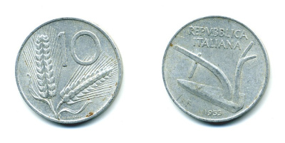 ИТАЛИЯ 10 ЛИР 1955 R, КОЛОСЬЯ, ПЛУГ KM 93 алюминий 23-1154