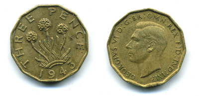 Великобритания 3 пенса 1943 Георг VI (1936-1952) KM 849, Spink 4112 никель латунь 4383-254