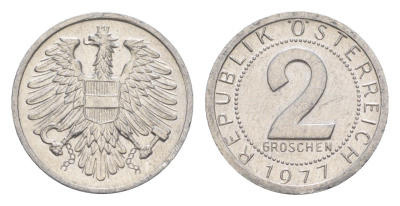 Австрия 2 гроша 1977 KM 2876 алюминий aUNC 4564-846