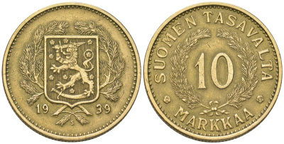 Финляндия 10 марок 1939 S, редкий год 133.000 KM 32A алюминиевая бронза 4586-645