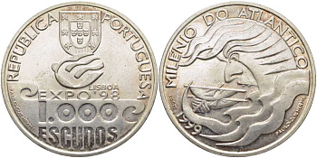 Португалия 1000 эскудо 1999 1000 лет плаванию по Атлантике, EXPO 98 KM 721 серебро 3896-1423