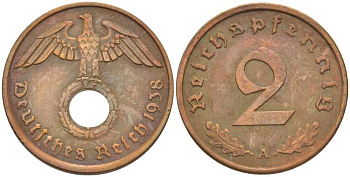 ГЕРМАНИЯ 2 РЕЙХСПФЕННИГА 1938 A KM 90, J. 362 бронза 261-915