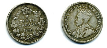 Канада 5 центов 1918 Георг V (1910-1936) KM 22 серебро 46-858