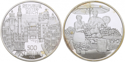 Австрия 500 шиллингов 1996 торговая площадь Инсбрука  KM 3039 серебро PROOF 1077-10-44