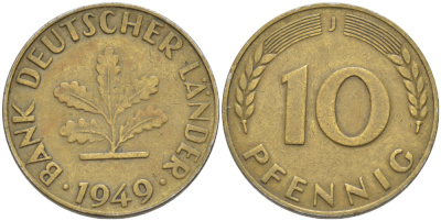 ФРГ 10 ПФЕННИГОВ 1949 J KM 103, J. 378 сталь плакированная латунью 4182-727