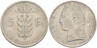 Бельгия 5 франков 1949 Леопольд III (1934-1950), Belgique KM 134.1 медно-никель 106-556