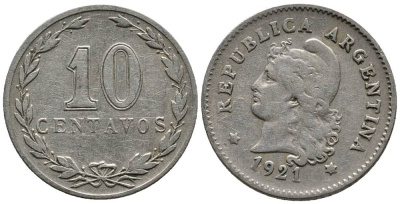 Аргентина 10 сентаво 1921 голова Свободы влево KM 35 медно-никель 4528-237