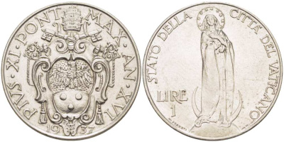 Ватикан 1 лира 1937 XVI год, папа Пий XI (1922-1939), Дева Мария KM 5 никель 4512-845